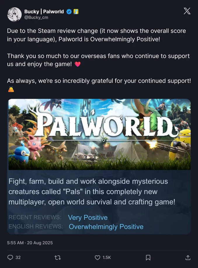 Palworld Steam Review Score Jumps To 'Overwhelmingly Positive' After Valve Display Change