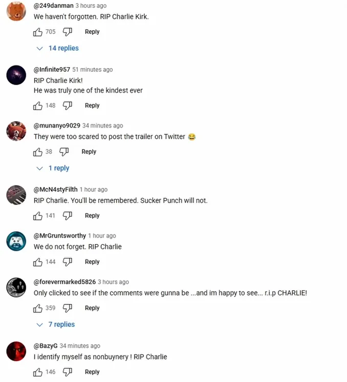 Many comments under the Ghost of Yote trailer read simply: “Rest in peace Charlie Kirk”.