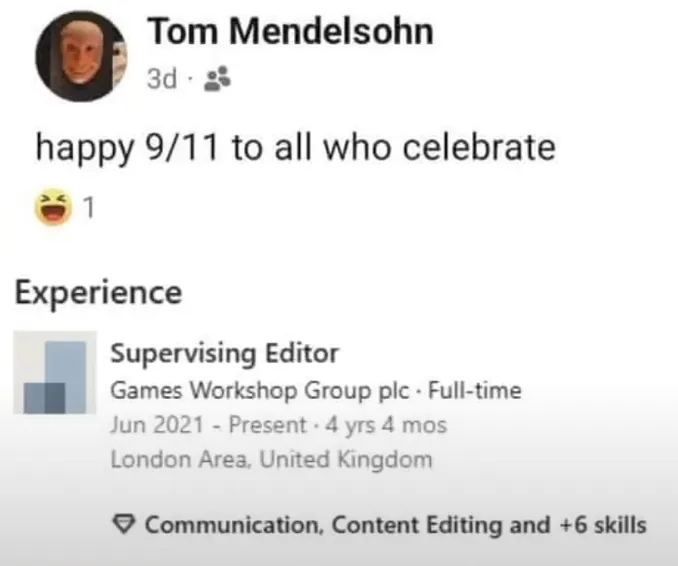 Screenshots show Tom Mendelson once described 9/11 as a “holiday,” fueling outrage across the Warhammer 40K community.