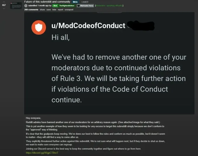 The Horus Galaxy subreddit was allegedly seized by Reddit staff for “not being progressive enough,” fueling further distrust.