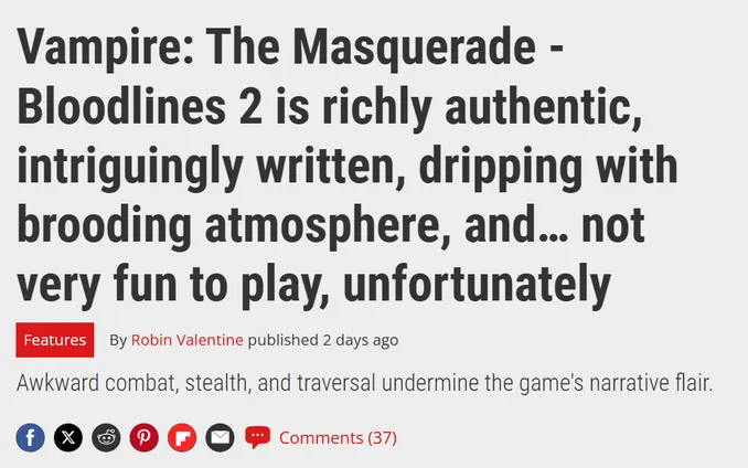 Vampire: The Masquerade - Bloodlines 2 is richly authentic, intriguingly written, dripping with brooding atmosphere, and… not very fun to play, unfortunately