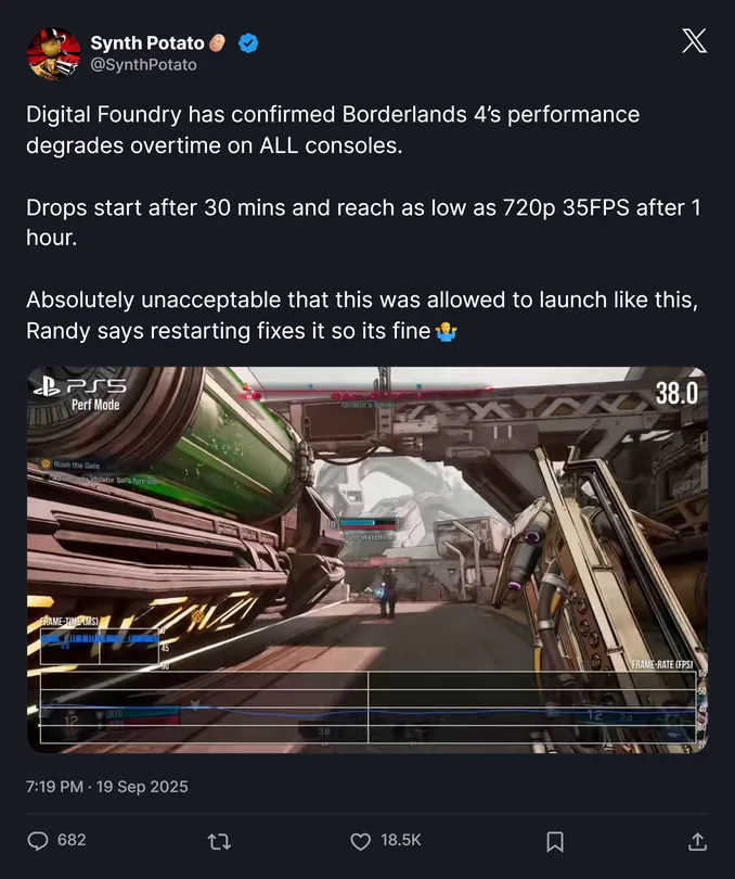 Randy Pitchford claimed restarting Borderlands 4 fixes performance problems, but experts called it a memory leak.
