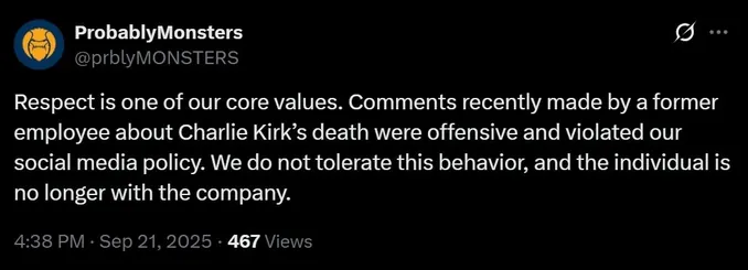 Gaming studio Probably Monsters confirmed it fired employee Light Humphre after offensive social media posts mocking Charlie Kirk’s assassination.
